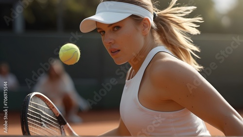 White female tennis player in action on the field, generative AI, background image © Hifzhan Graphics