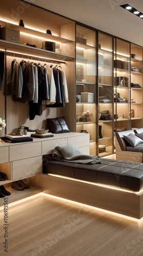 Wardrobe with backlit furniture in modern house. © tynza