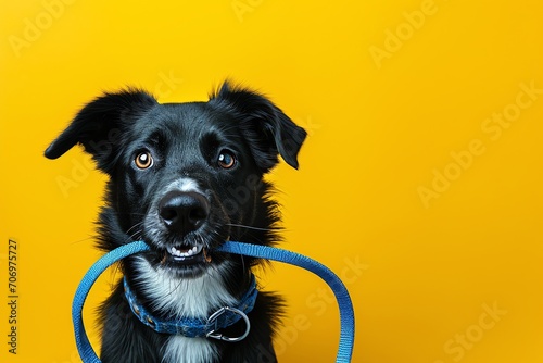 Adorable dog holding leash in mouth on white background