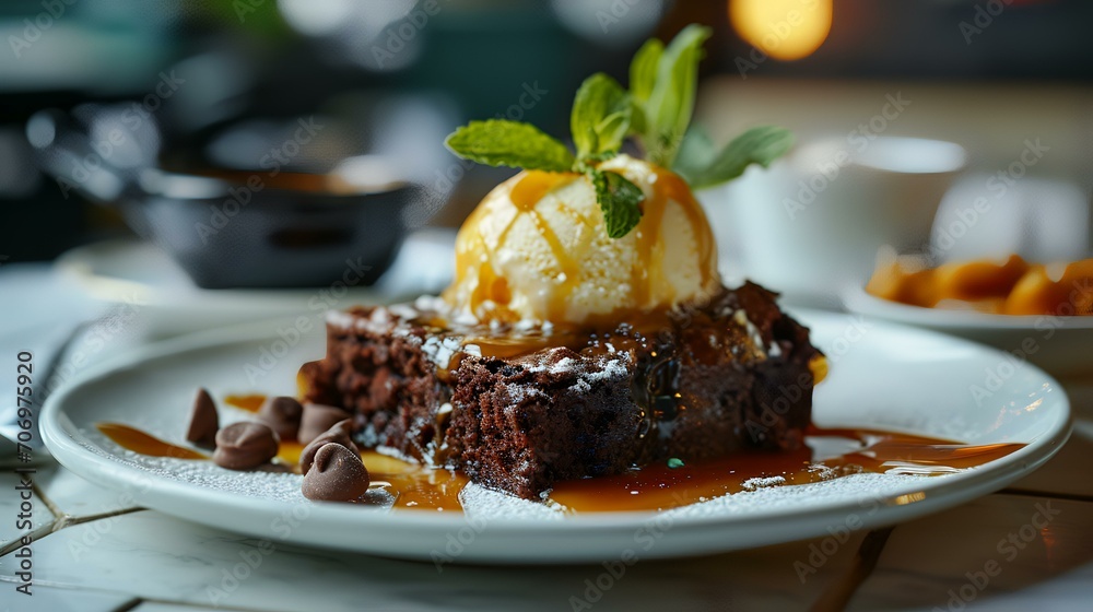 Chocolate cake with ice cream and caramel on a wooden table.