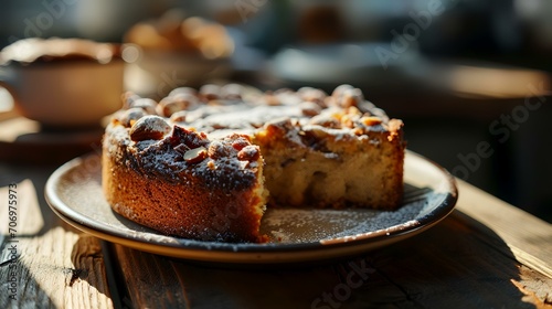 Cake with almonds and powdered sugar on a wooden table in a cafe