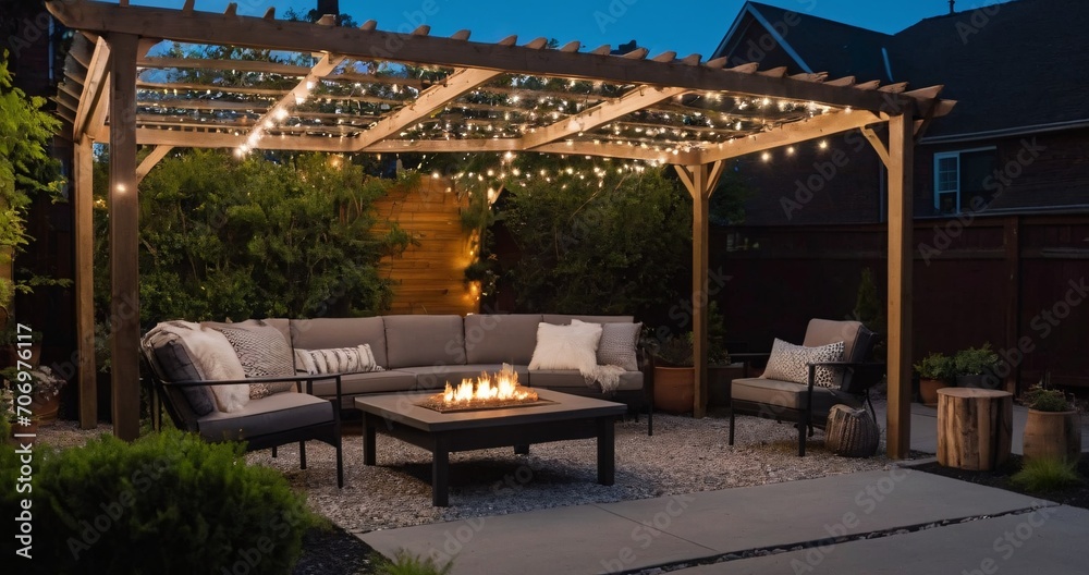 A pergola surrounded by greenery, gravel on the ground, simple patio furniture, string lights, night
