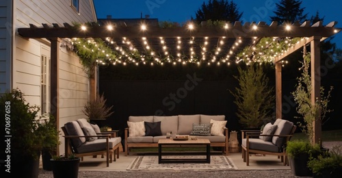 A pergola surrounded by greenery, gravel on the ground, simple patio furniture, string lights, night