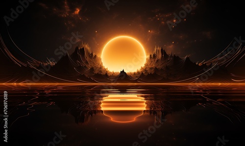An eclipse in the water, in the style of dark orange and light gold, digital neon, vibrant stage backdrops. Generative Ai
