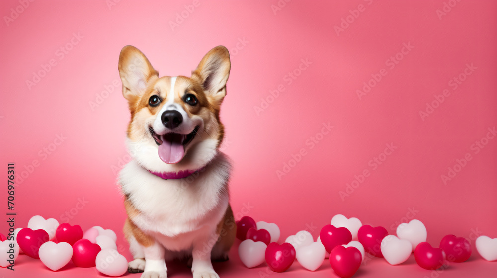 Happy smiling corgi with pink heart
