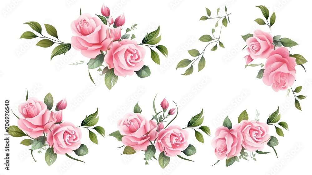 Spring sakura cherry blooming flowers bouquet. Isolated realistic pink petals, blossom, branches, leaves vector set. Design spring tree illustration,generative ai Spring sakura cherry blooming flowers bouquet. Isolated realistic pink petals, blossom, branches, leaves vector set. Design spring tree illustration,generative ai