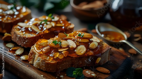 Toasted bread with peanut butter and almonds on a wooden background. photo