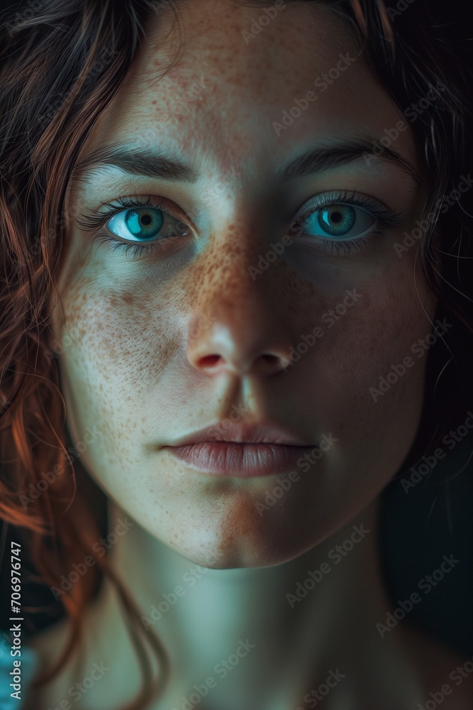 A close-up portrait of a beautiful young woman with green eyes A close-up portrait of a beautiful young woman with green eyes