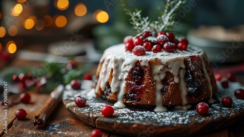 Christmas bundt cake with raisins, cranberries and icing sugar