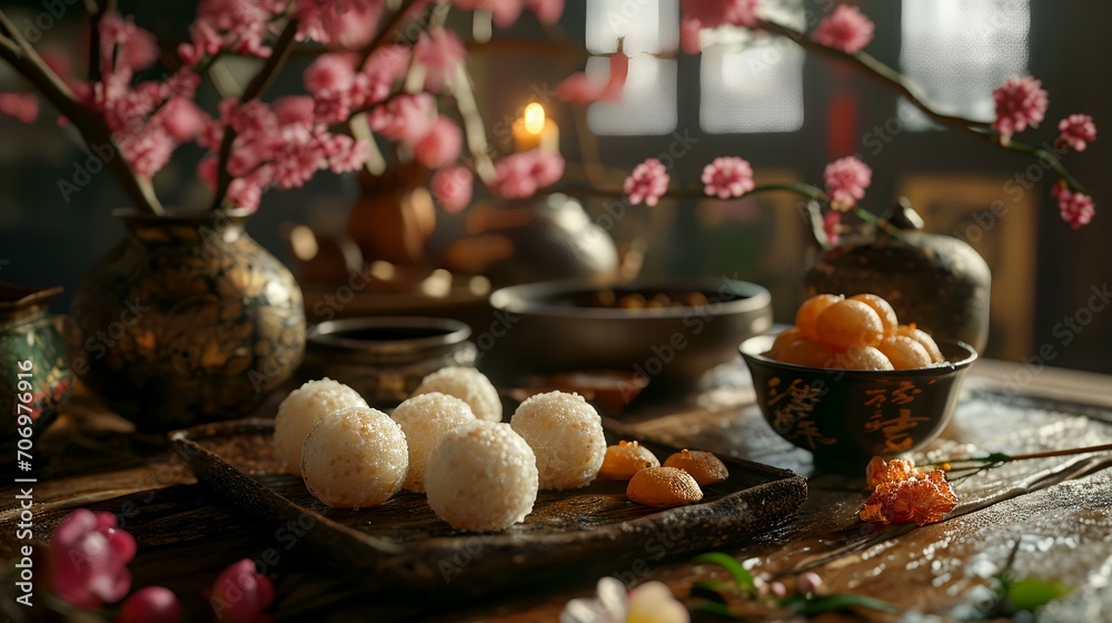 Traditional Japanese sweets, glutinous rice balls on wooden background