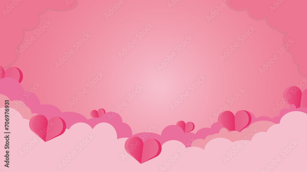 Paper style pink background with heart shapes. Vector illustration.