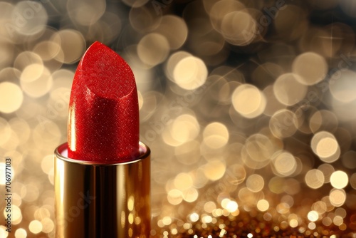 Red lipstick close-up on bright blurred bokeh background.