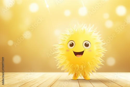 A fluffy, cute, smiling yellow man on a yellow background. Close-up.
