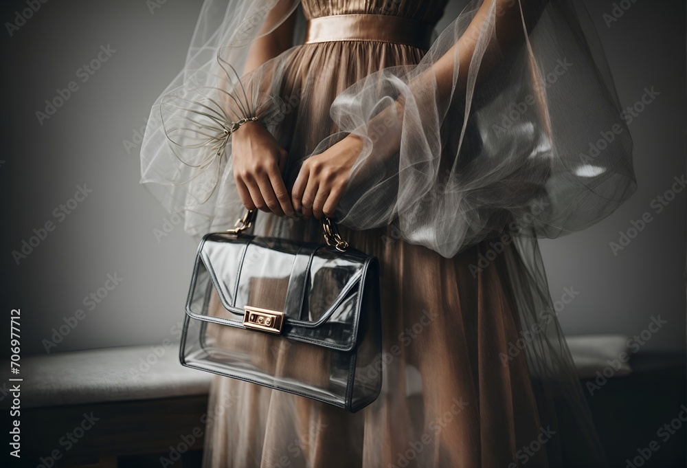 a woman in a sheer dress with a transparent handbag - obrazy, fototapety, plakaty 