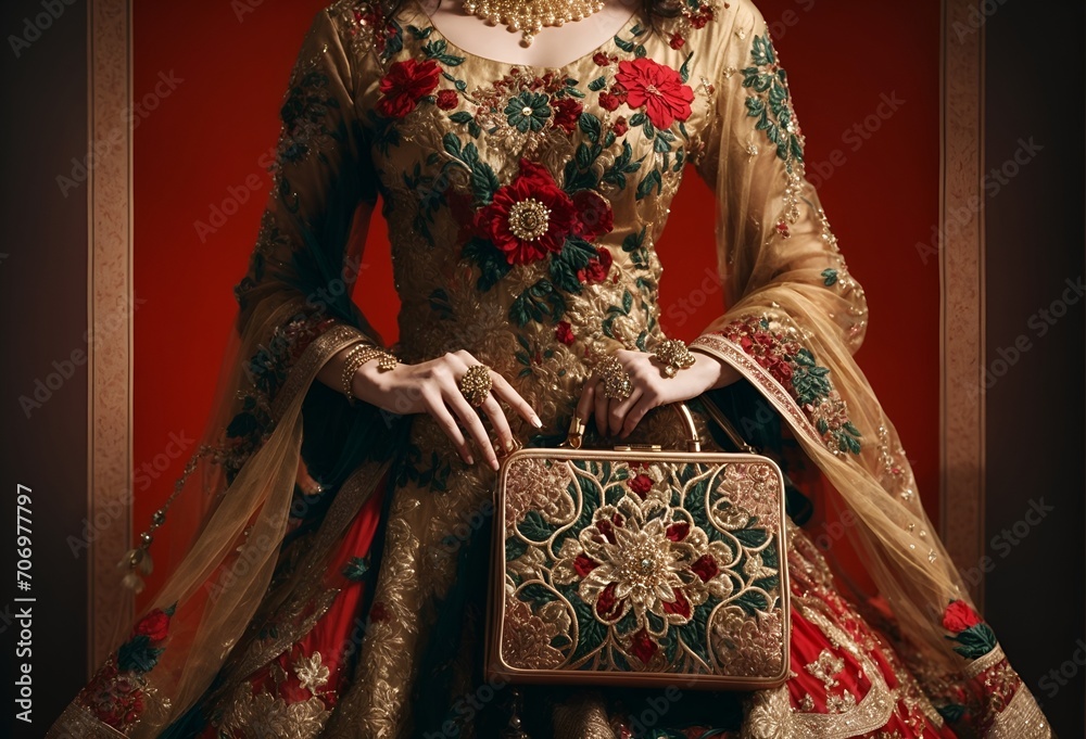 a woman in an Indian style dress with a matching handbag