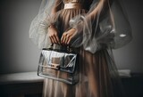 a woman in a sheer dress with a transparent handbag