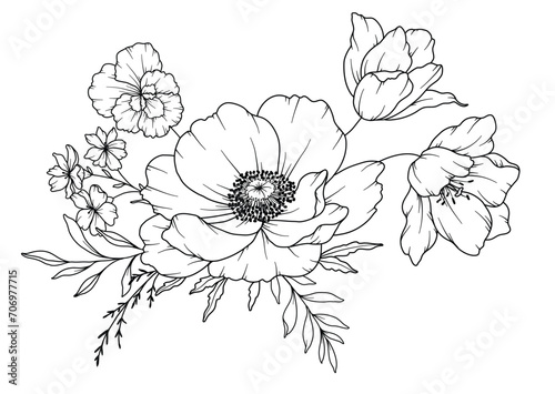 Spring Flowers Line Drawing. Black and white Floral Bouquets. Flower Coloring Page. Floral Line Art. Fine Line Flowers illustration. Hand Drawn flowers. Botanical Coloring. Wedding invitation flowers