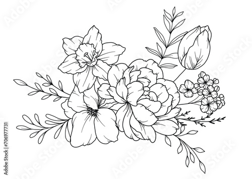 Spring Flowers Line Drawing. Black and white Floral Bouquets. Flower Coloring Page. Floral Line Art. Fine Line Flowers illustration. Hand Drawn flowers. Botanical Coloring. Wedding invitation flowers