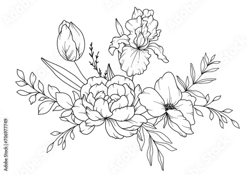 Spring Flowers Line Drawing. Black and white Floral Bouquets. Flower Coloring Page. Floral Line Art. Fine Line Flowers illustration. Hand Drawn flowers. Botanical Coloring. Wedding invitation flowers