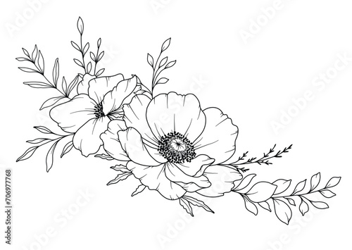 Spring Flowers Line Drawing. Black and white Floral Bouquets. Flower Coloring Page. Floral Line Art. Fine Line Flowers illustration. Hand Drawn flowers. Botanical Coloring. Wedding invitation flowers