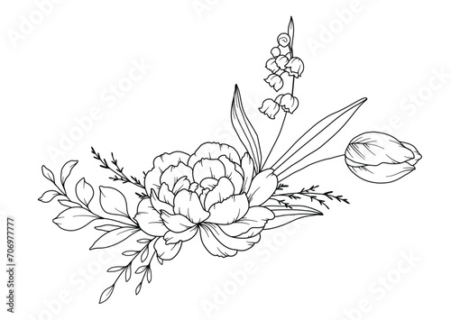 Spring Flowers Line Drawing. Black and white Floral Bouquets. Flower Coloring Page. Floral Line Art. Fine Line Flowers illustration. Hand Drawn flowers. Botanical Coloring. Wedding invitation flowers