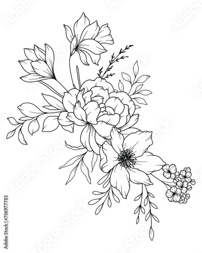 Spring Flowers Line Drawing. Black and white Floral Bouquets. Flower Coloring Page. Floral Line Art. Fine Line Flowers illustration. Hand Drawn flowers. Botanical Coloring. Wedding invitation flowers