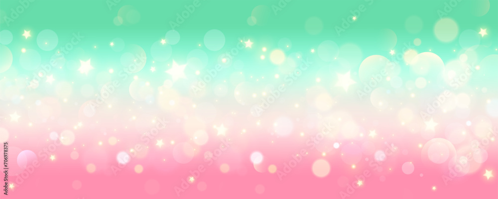 Pink background with bokeh and stars. Abstract light blurred vector design. Soft rose and turquoise sky. Gradient romantic wallpaper