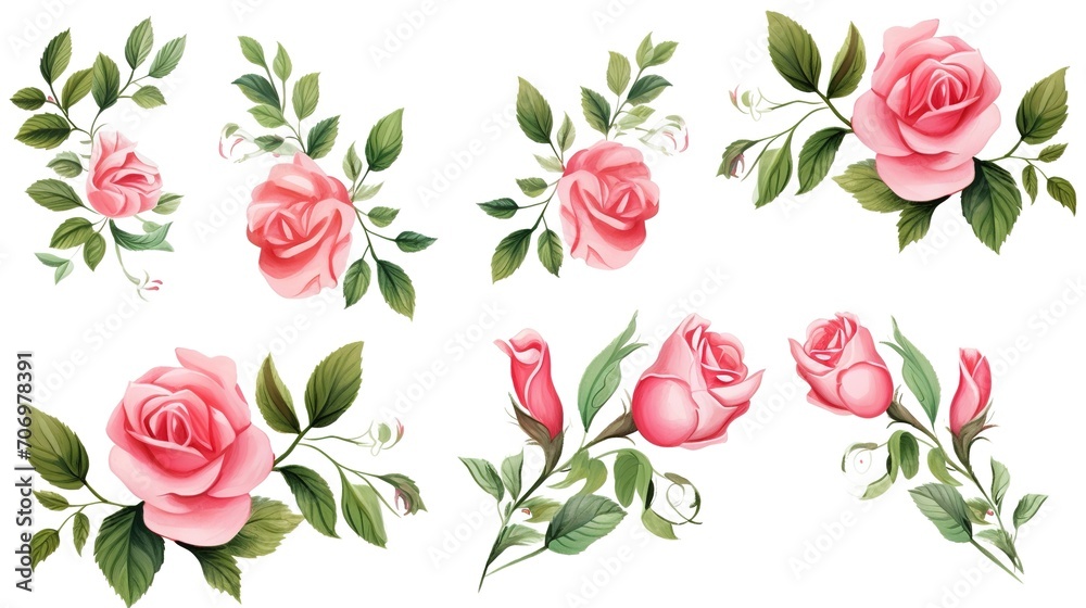 Spring sakura cherry blooming flowers bouquet. Isolated realistic pink petals, blossom, branches, leaves vector set. Design spring tree illustration,generative ai