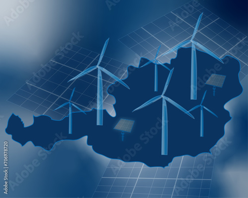 Renewable energy sources: wind turbines, solar panels on outline map of Austria on blue background. Vector graphics