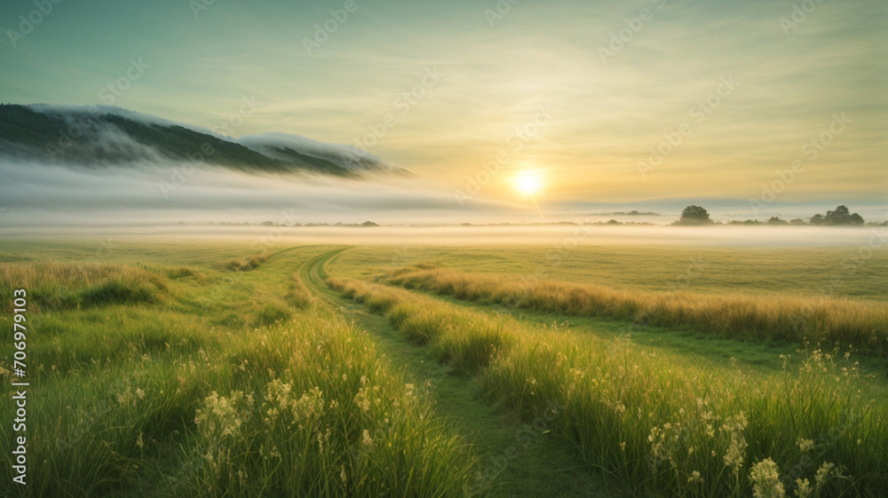Landscape grass field with the sunrise, a blossoming meadow and fog, panorama AI Generated