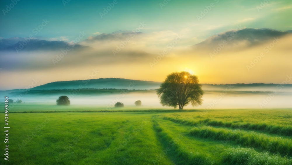 Landscape green field with the beautiful sunrise, a blossoming meadow and fog, panorama AI Generated