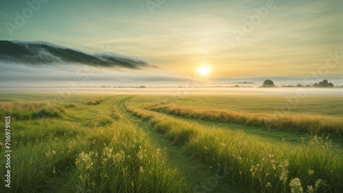 Landscape grass field with the sunrise  a blossoming meadow and fog  panorama AI Generated