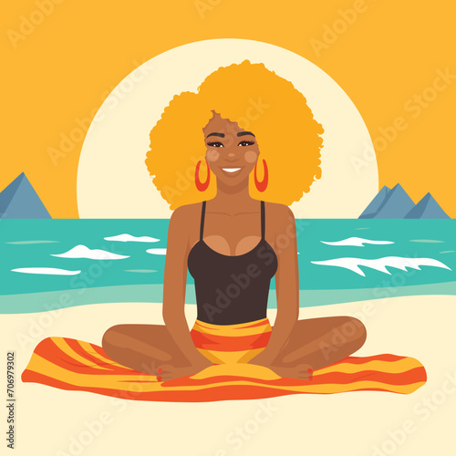 African American woman meditating on beach towel  sunny seaside scene. Black female practicing yoga  peace and wellness vector illustration.