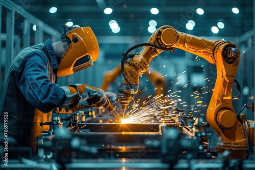 Engineer check and control welding robotics automatic arms machine in factory automotive industrial. blurred digital manufacturing operation. digital ai. Industry