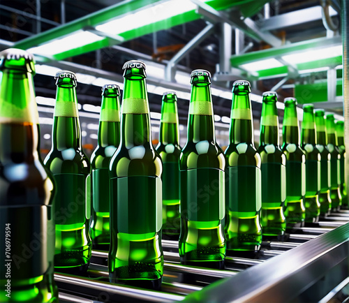 Green Beer Bottles Assembled on the Production Line in Factory Background Modern Beer production line with green glass bottles on a conveyor in a brewery beverage manufacturing industry interior