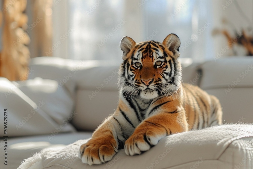 photo of  Cute little smiling tiger sitting, on coach in modern light room