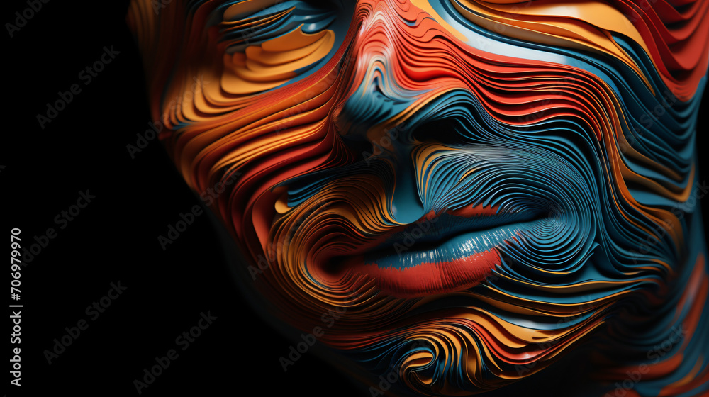 Face made of alternating stripes of artfully