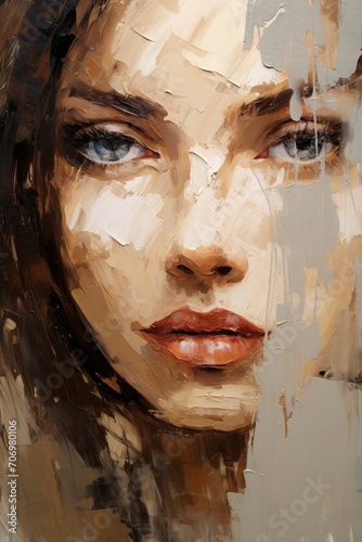 an oil close-up macro painting of a beautiful female face in technique of very rough brush strokes in a beige colored earthly tones