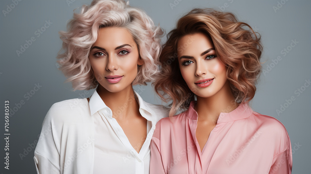 Two beautiful girls with hair coloring in blond. Stylish hairstyle curls done in a beauty salon. Beauty, cosmetics and makeup concept, copy space, advertisement, Valentine day, International Women day Two beautiful girls with hair coloring in blond. Stylish hairstyle curls done in a beauty salon. Beauty, cosmetics and makeup concept, copy space, advertisement, Valentine day, International Women day