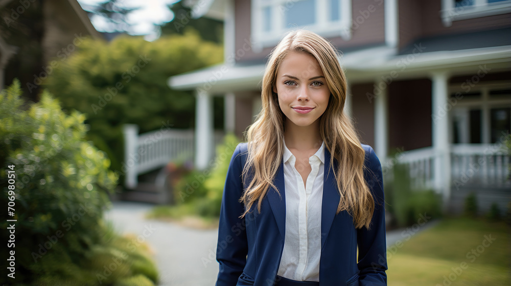 A woman in a business suit on the background of a house. A woman in a business suit on the background of a house.