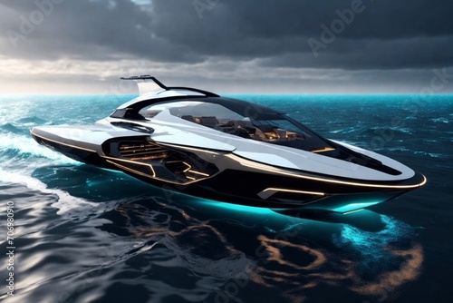 A futuristic yacht with a gorgeous view of the planet in cold boundless space in high resolution, the earth's orbit in the window, Generative AI © Vision AI Studio