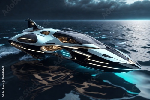 A futuristic yacht with a gorgeous view of the planet in cold boundless space in high resolution, the earth's orbit in the window, Generative AI