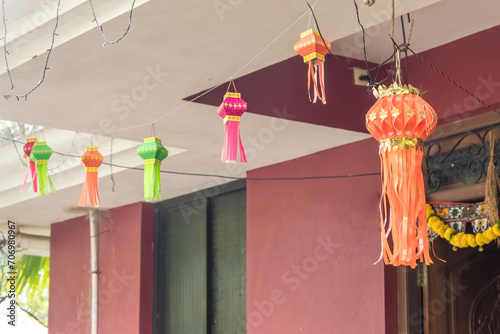 Traditional Diwali decorative paper lantern on street photo