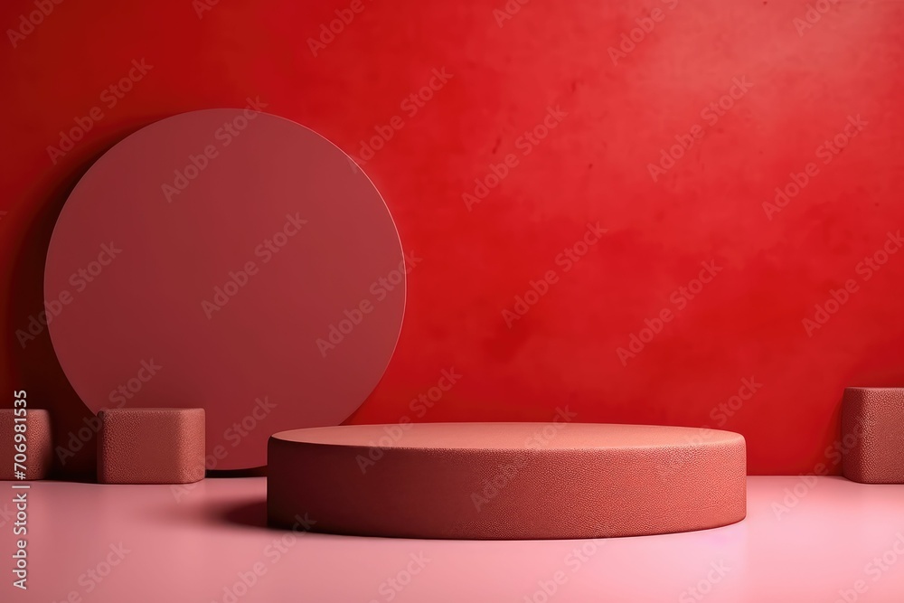 Empty Red background and stand display or shelf with studio for showing or design valentine concept