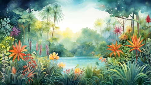 Mystical jungle field in watercolour palette.