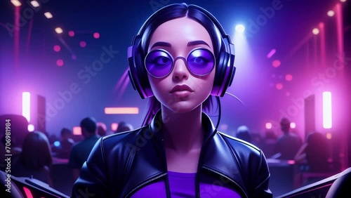 DJ in modern nightclub. Neon lightning and dancing crowds. VJ loop background. AI generated photo