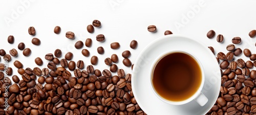 Cup of coffee and coffee beans border isolated on white background banner panorama, top view, flat lay