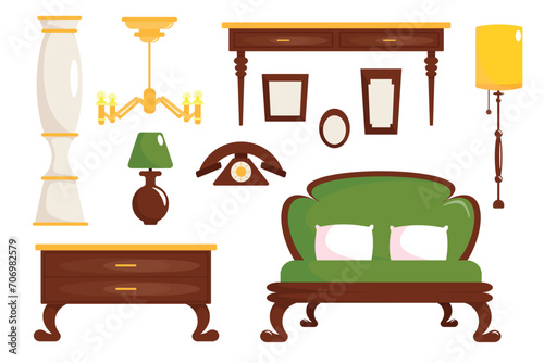 Set of interior elements in a cartoon style. Vector illustration of vintage room elements: front view of sofa, bedside table, table, telephone, night lamp, floor lamp, photo frames, column, chandelier