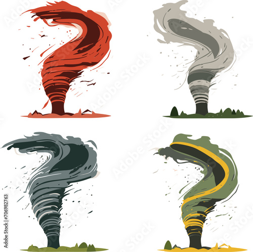 Set of four colorful tornadoes with different elements like fire, air, water, earth. Concept of natural disasters, elemental forces. Nature s fury and disaster preparedness vector illustration.