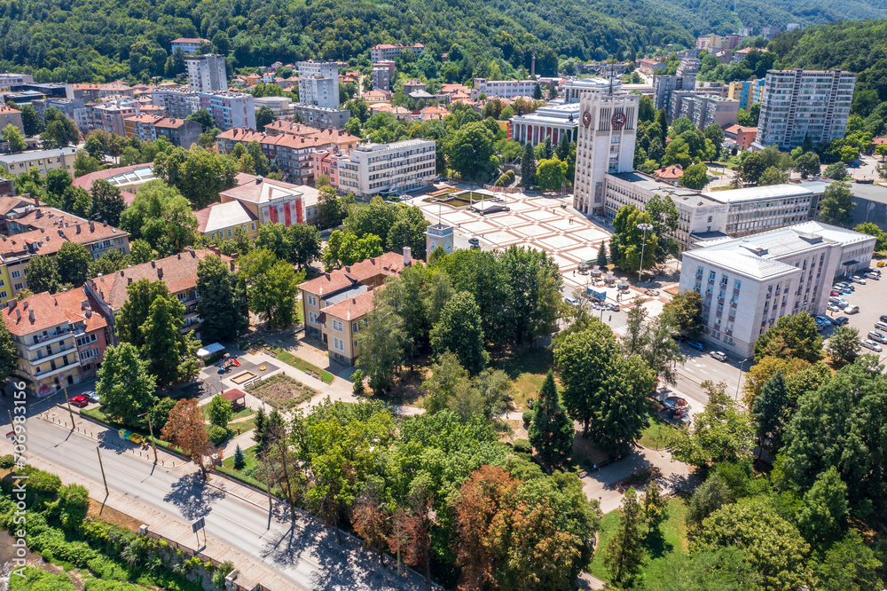 Aerial view of city center and park in town of Gabrovo, Bulgaria